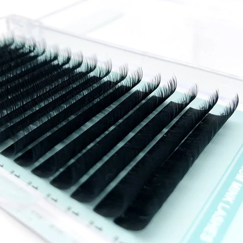 Soft velvet false eyelashes showing artificial fibre lashes in various lengths from 7mm to 15mm.