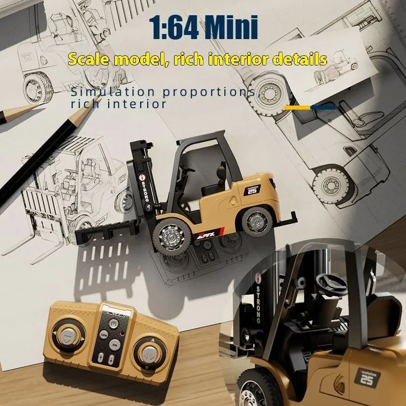 1:64 scale mini alloy forklift remote control car with cargo accessories on a table