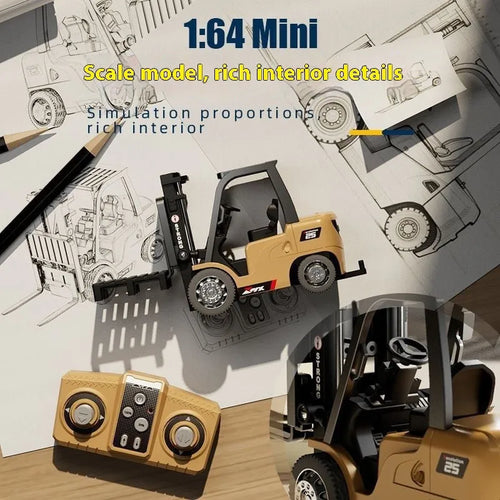 1:64 scale mini alloy forklift remote control car with cargo accessories on a table