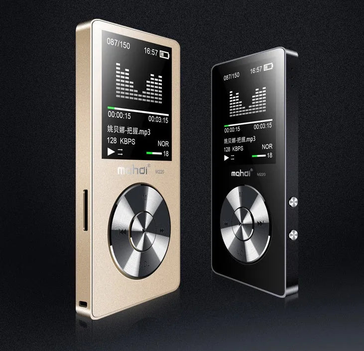 Gold MP3 player with 1.8-inch screen, metal body, and 3.5mm jack for lossless audio playback