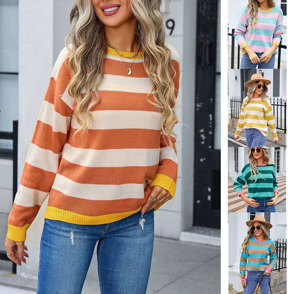 Women's loose-fit long sleeve acrylic sweater with round neck in striped or plaid pattern