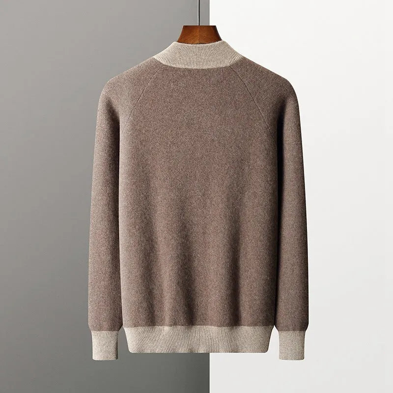 Men's cashmere wool blend half turtleneck zipper cardigan suit with trousers in winter colours