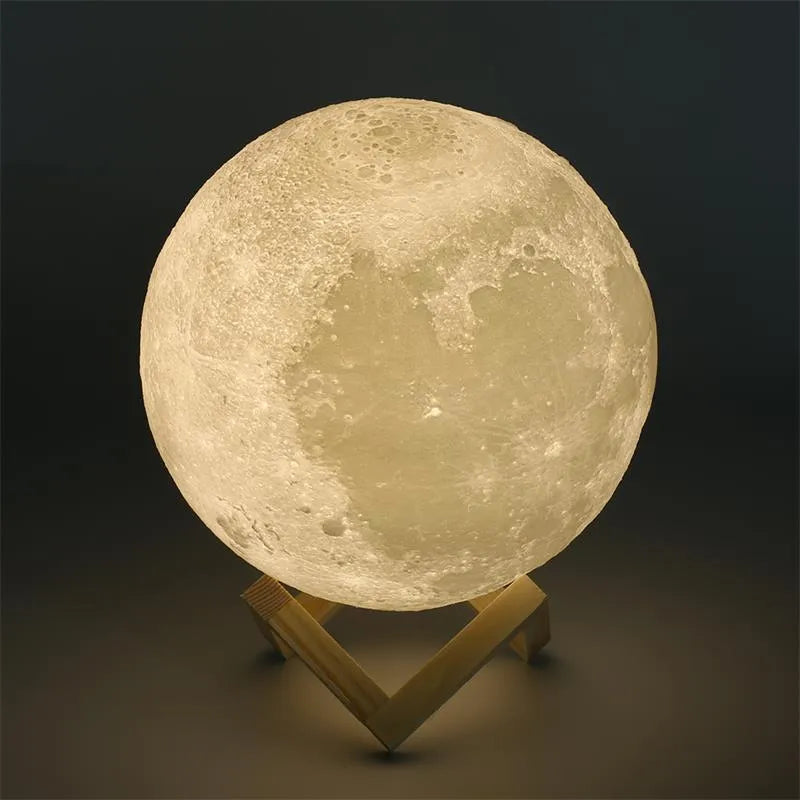 3D printed spherical moon lamp with visible surface contours and touch-sensitive metal ring at base