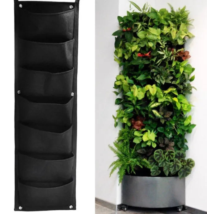 Vertical wall garden planting bag with 18 pockets made from recycled felt for herbs and vegetables