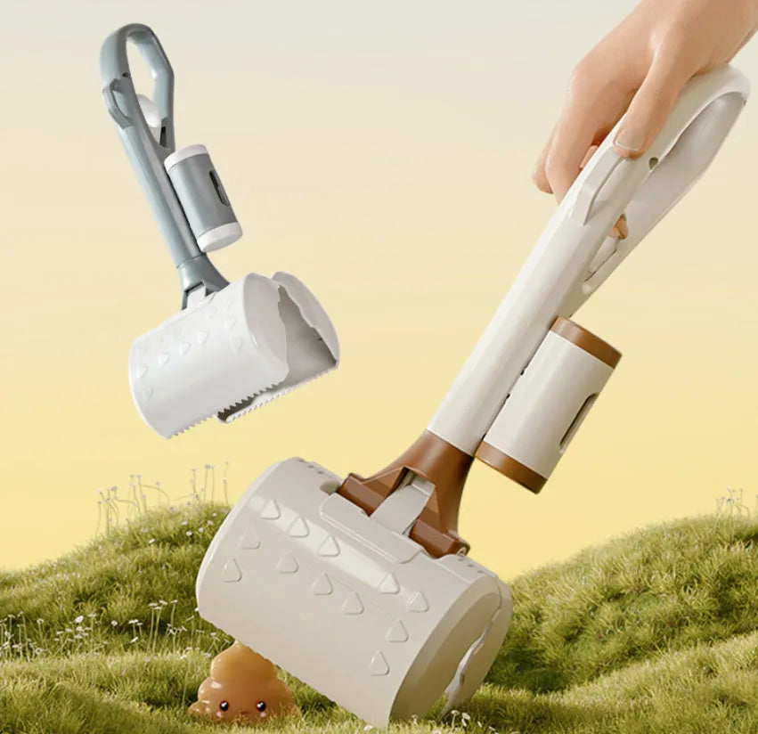 Portable automatic dog poop scooper in plastic, available in multiple colours and sizes for outdoor pet waste removal.
