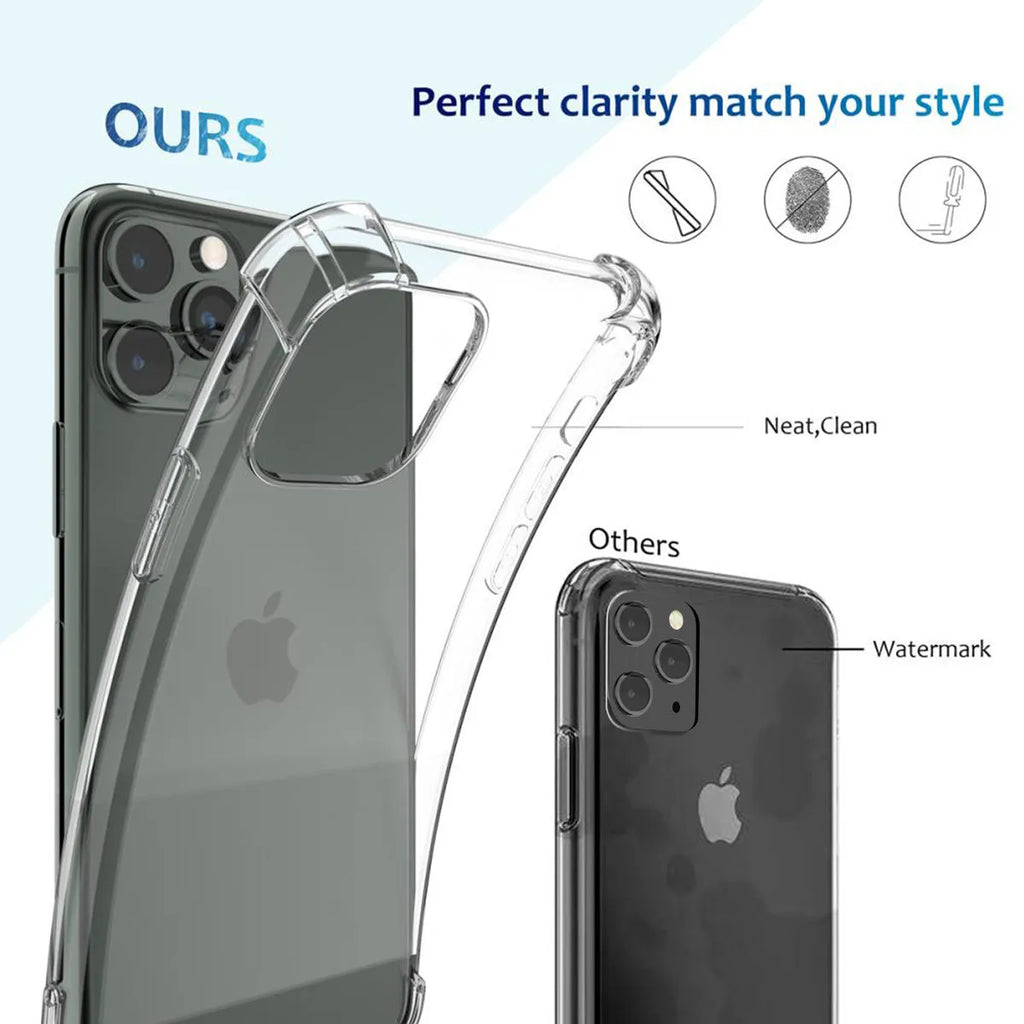 Clear shockproof TPU case for iPhone showing transparent design fitting multiple Apple models