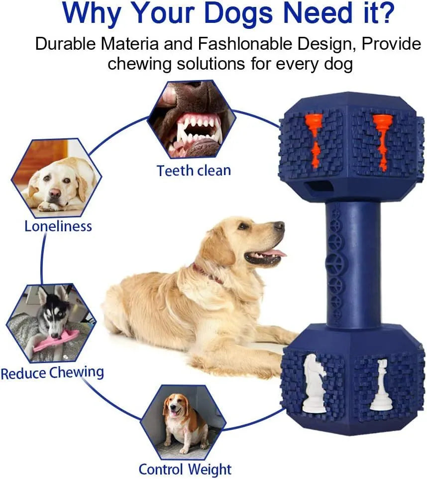 Dumbbell-shaped dog chew toy in black or blue with 3D particles on surface, hollow ends for treats