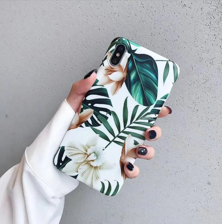 Floral banana leaf artwork phone case for iPhone models with flower leaves colour