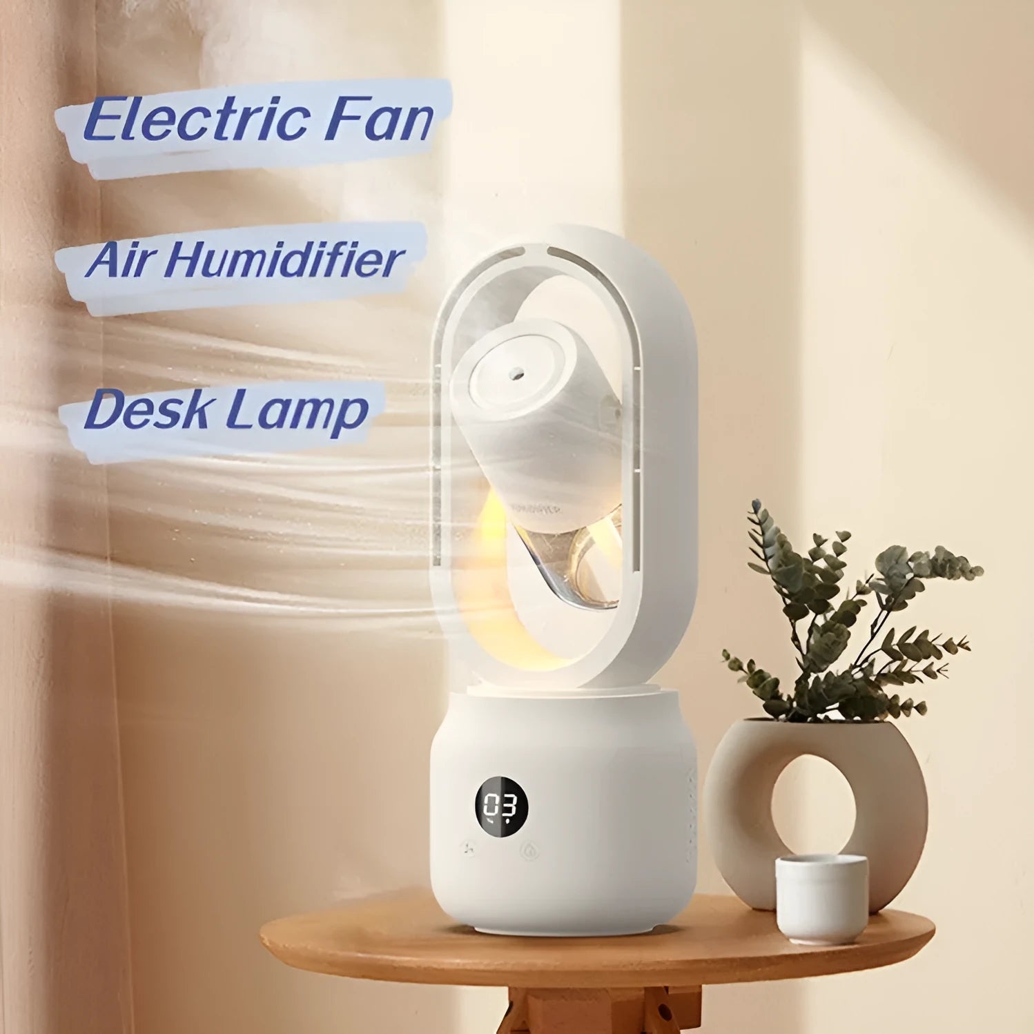 White bladeless USB rechargeable table fan with humidifier tank and control display
