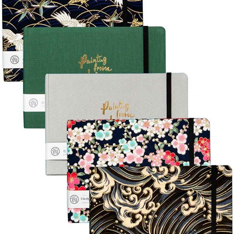 Feiluniao watercolour notebook with handmade fabric cover, 185mm length, showing Dunhuang design