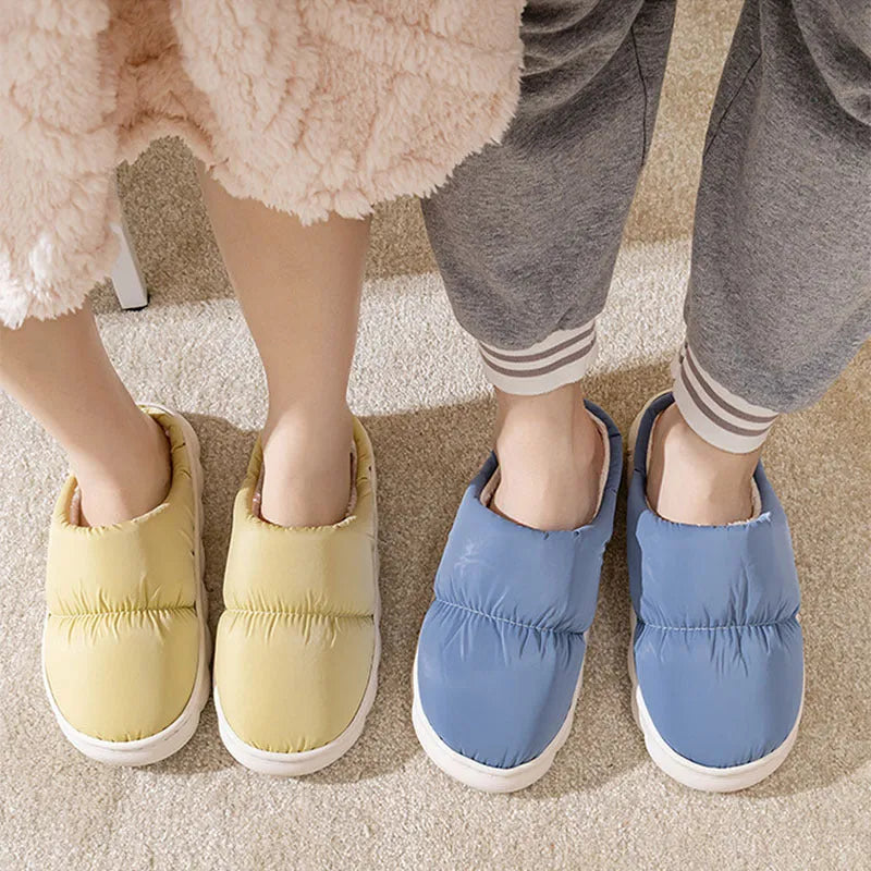 Down cotton slippers with artificial leather upper, rubber anti-slip soles, and plush lining in blue, green, grey, pink, or yellow