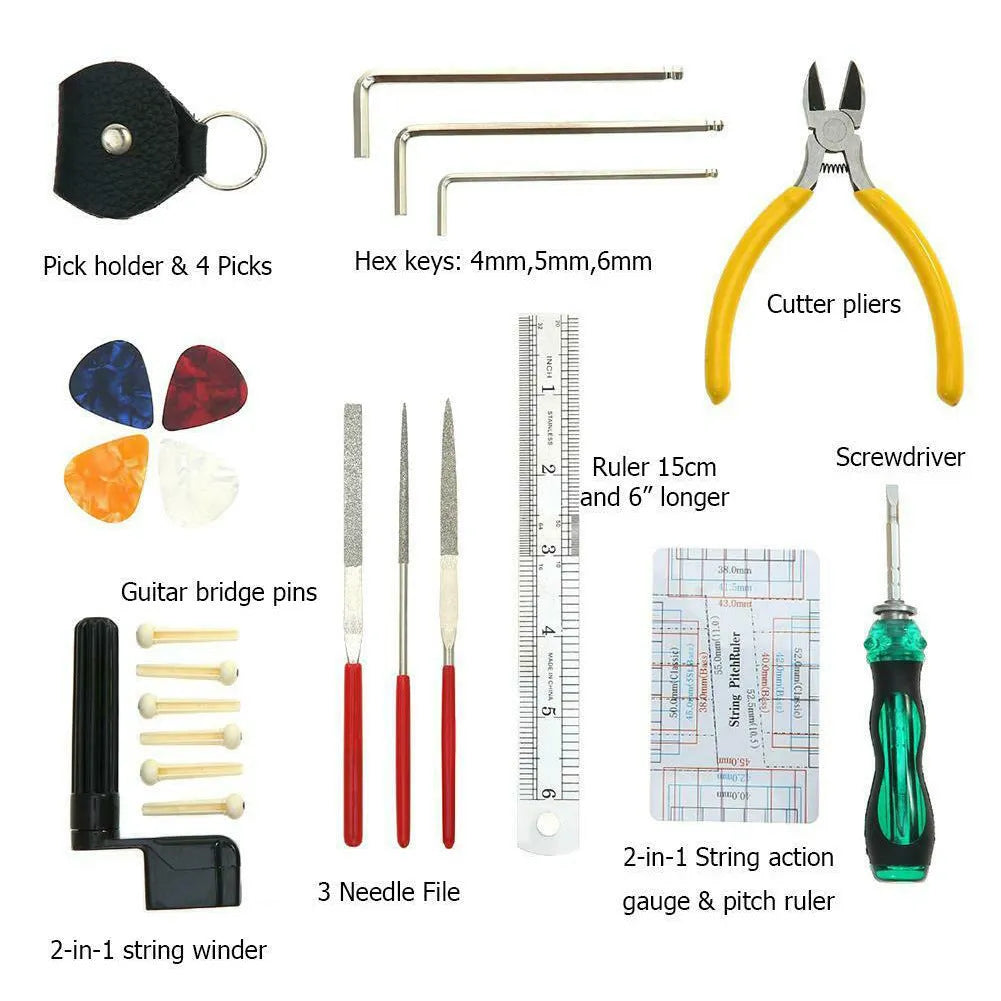 Black guitar repair kit case open showing metal and plastic tools including truss rod wrench, fret files, and string winder