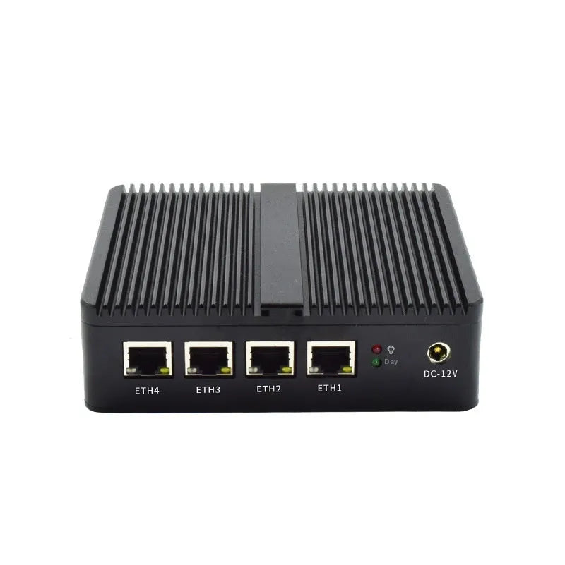 Industrial fanless mini-host measuring 13.6x12.7x4cm with dual-network ports and compact metal chassis