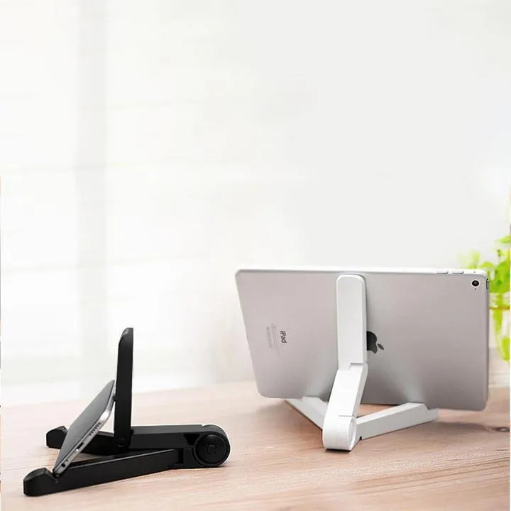 Foldable tablet holder in black showing multi-angle adjustment and non-slip rubber surface for device support