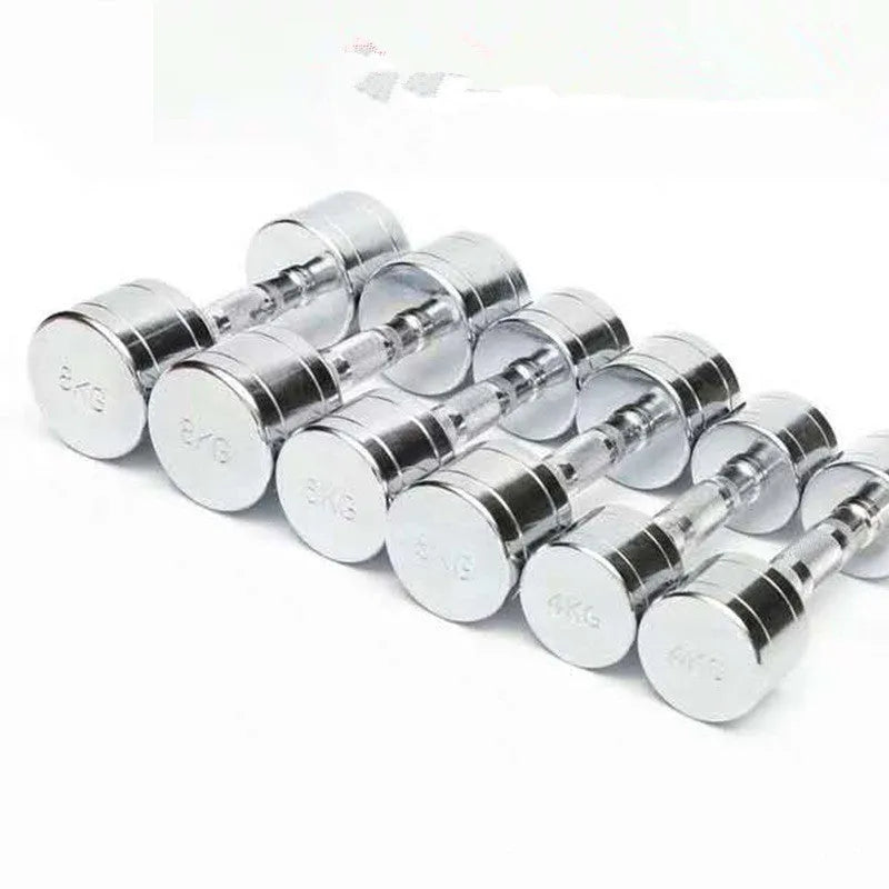 Silver pure steel dumbbell with textured ergonomic handle on a grey background.