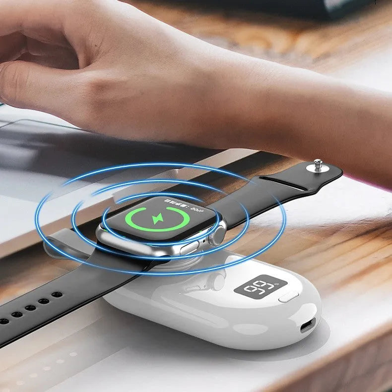White and black plastic wireless power bank for V5 watch charging, showing Type-C port and compact 121.5x49.5x20.2mm size