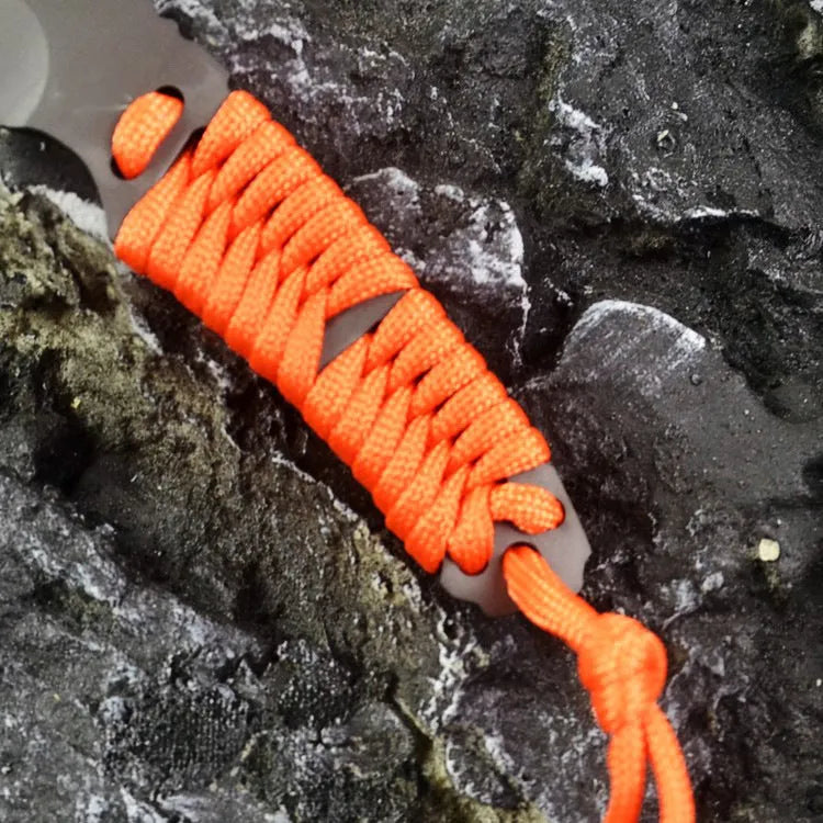 Outdoor camping rope knife with straight blade and ABS sheath showing measurements