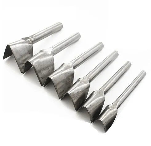 Six steel leather craft punch tools showing half-round and V-shaped profiles in sizes from 15mm to 40mm diameters