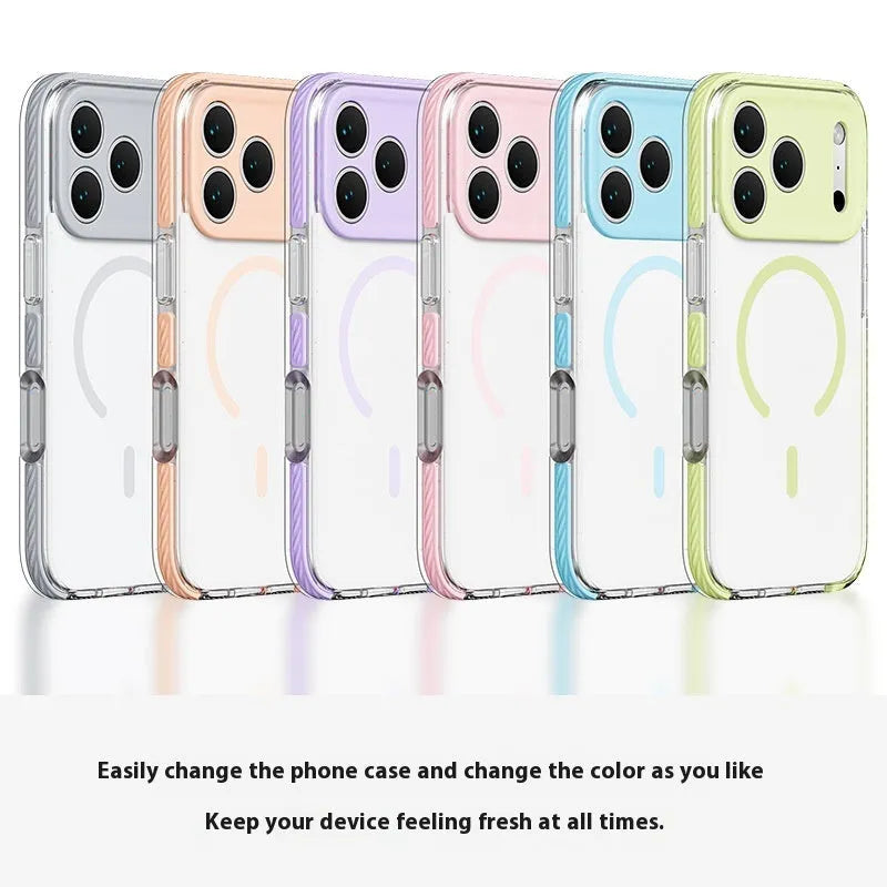 Magnetic transparent iPhone protective case in candy colours showing drop-resistant design