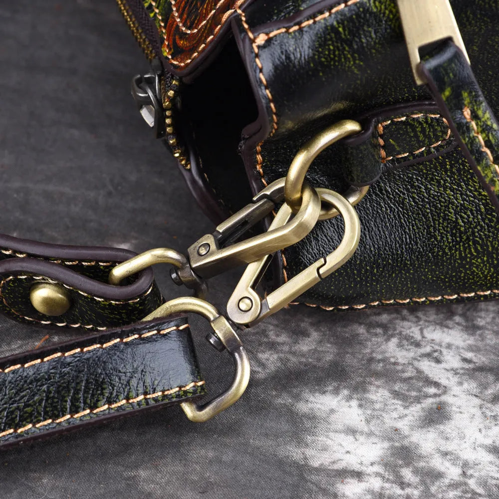 Women's genuine leather shoulder bag showing square vertical design with internal organisation compartments