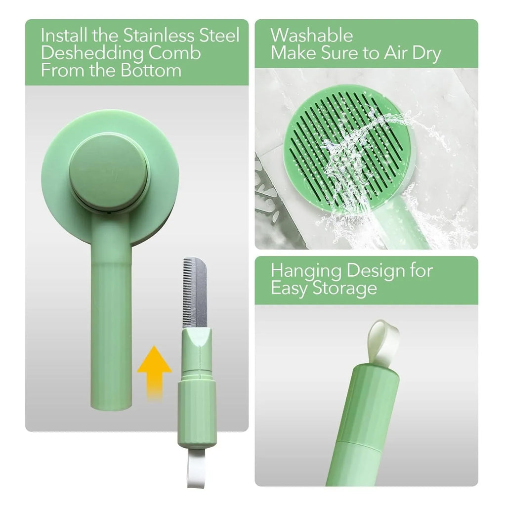 Green and yellow 2-in-1 pet grooming brush with stainless steel brush and hanging design