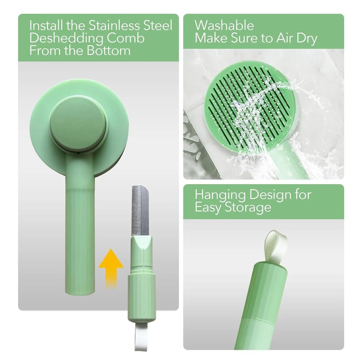 Green and yellow 2-in-1 pet grooming brush with stainless steel brush and hanging design