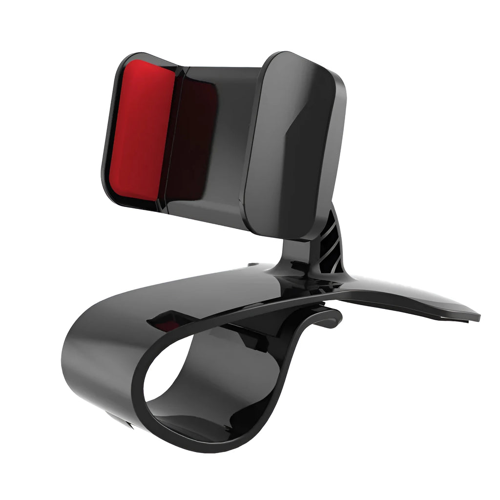 Dashboard car phone holder with black silicone grip mounted on vehicle dashboard edge