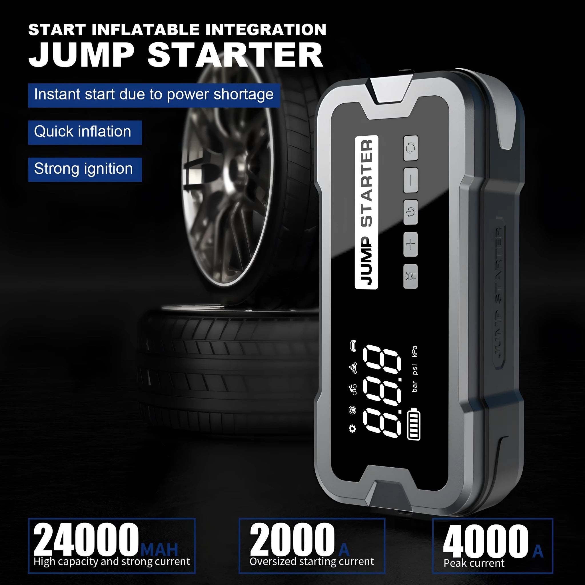 CY53 model car jump starter and tyre inflator combo unit with digital display screen