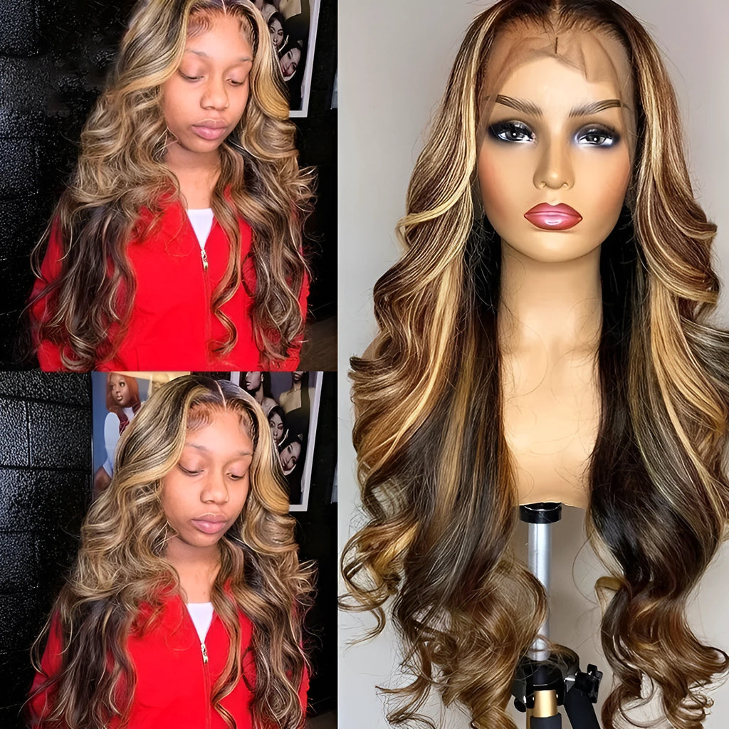 Front lace synthetic wig with long curly hair in gradient black to piano colour transition