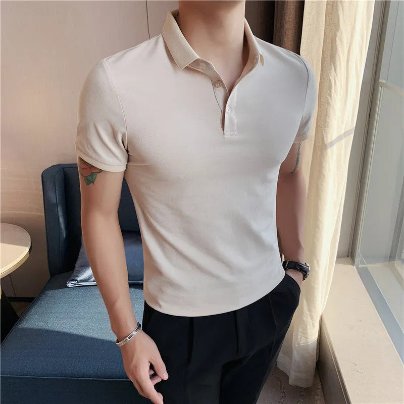 Solid colour polo shirt with lapels in slim Korean fit showing apricot colour option