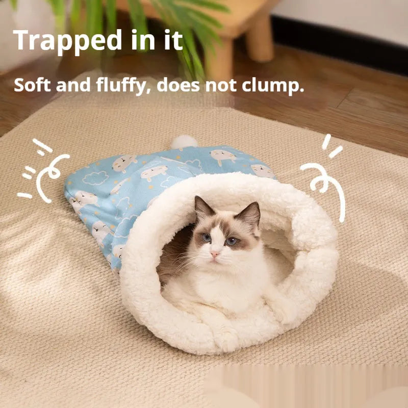 Flannel cat sleeping bag measuring 50cm by 40cm in blue rabbit design with diablement pp cotton material