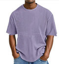 Men's light blue waffle knit short sleeve cotton blend t-shirt laid flat, showing texture and regular fit.