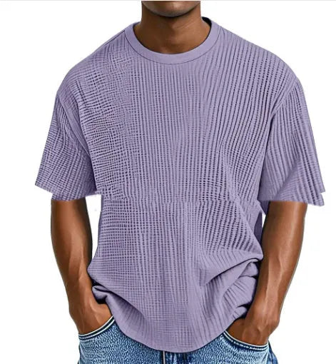 Men's light blue waffle knit short sleeve cotton blend t-shirt laid flat, showing texture and regular fit.