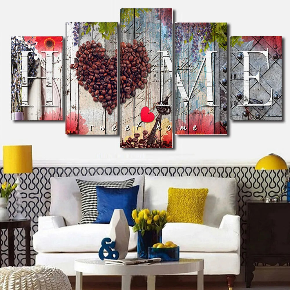 Set of five red oil painting canvases in varying sizes for wall decoration