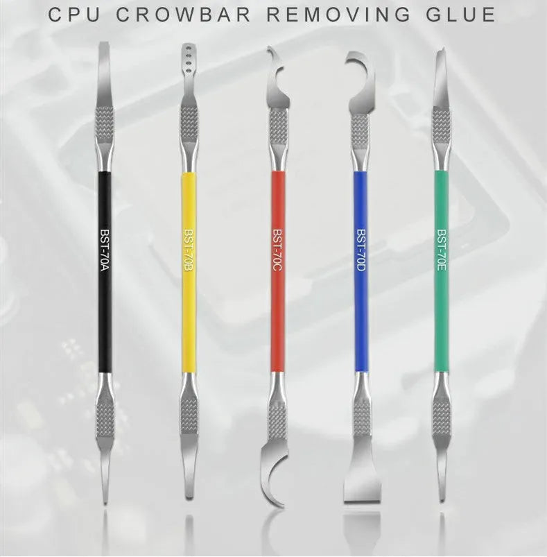 Five piece stainless steel plastic removal tool set with crowbar tool for disassembly work