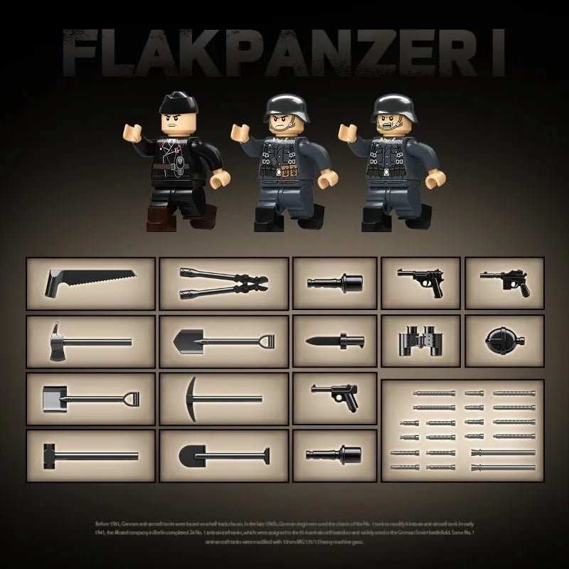 Military German No1 anti-aircraft tank building blocks in German style colour 100299, small particle plastic and rubber set for ages 7-14.
