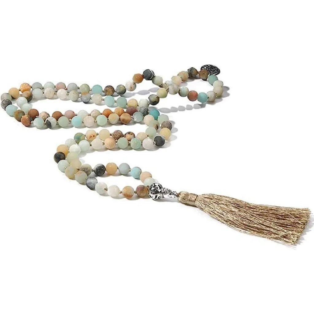Handmade knotted beaded necklace with 108 stone pendants showing colour variations