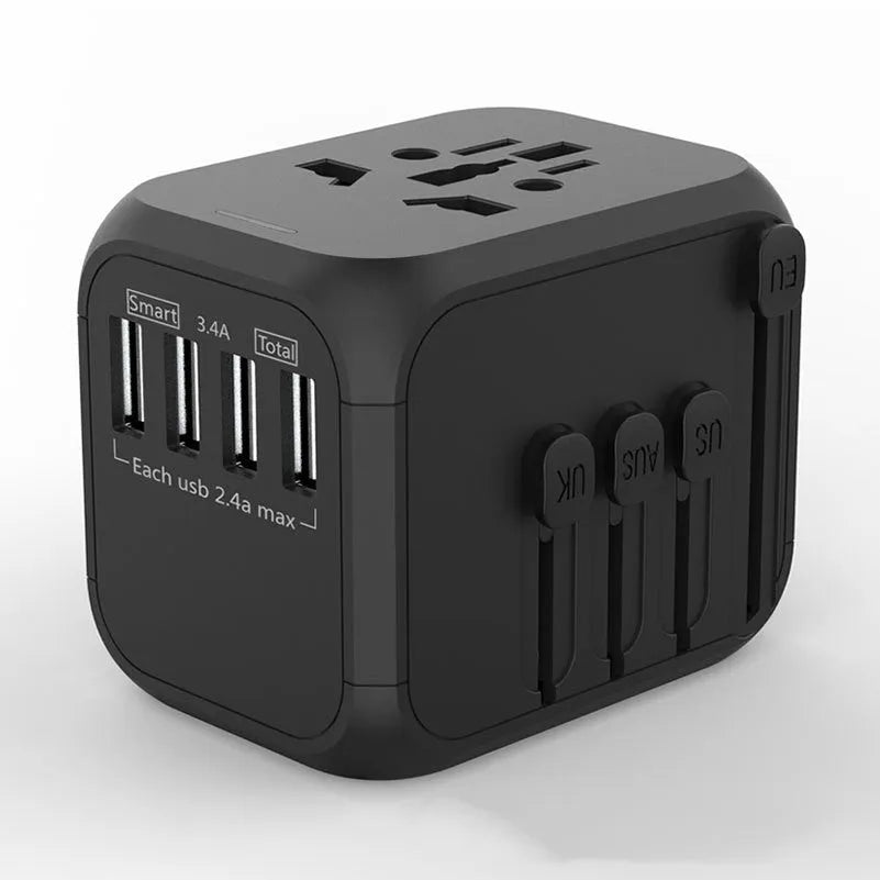 Black UK to EU plug adapter with 6 socket holes showing dimensions