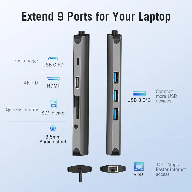Grey Type-C converter with HDMI, three USB ports, Ethernet, and memory card slots showing 101.4mm size