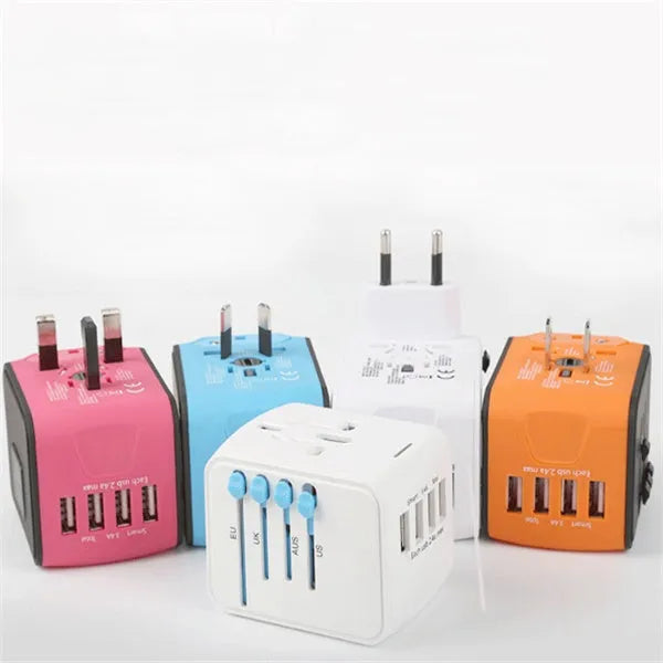 Universal travel adapter with 4 socket holes, 66 x 53 x 52mm, 1500W, PC shell, black blue or green