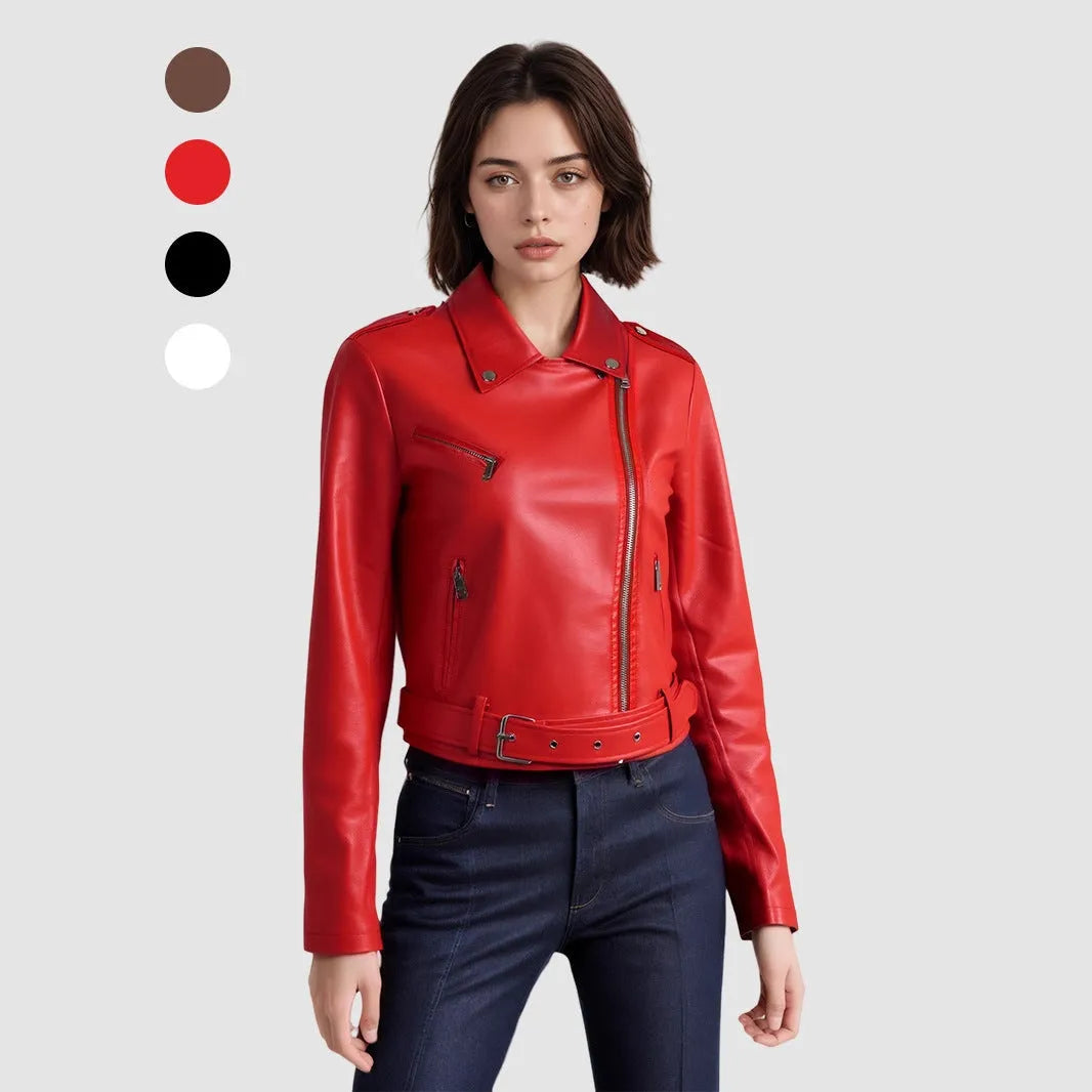 Women's red PU leather jacket with lapel collar and adjustable belt, street fashion style