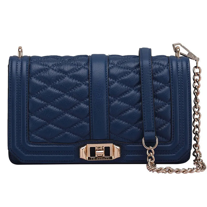 Women's rhombic chain shoulder bag in first layer cowhide with plaid pattern, cover type opening and cotton lining