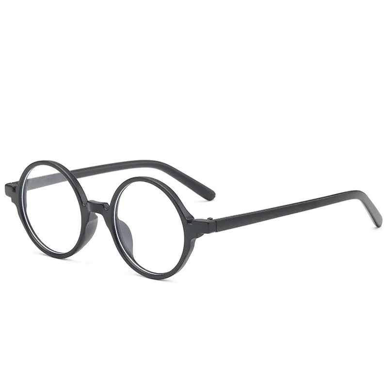 Retro round flat mirror glasses in bright black, sand black, tofu pudding, and transparent grey PC frames