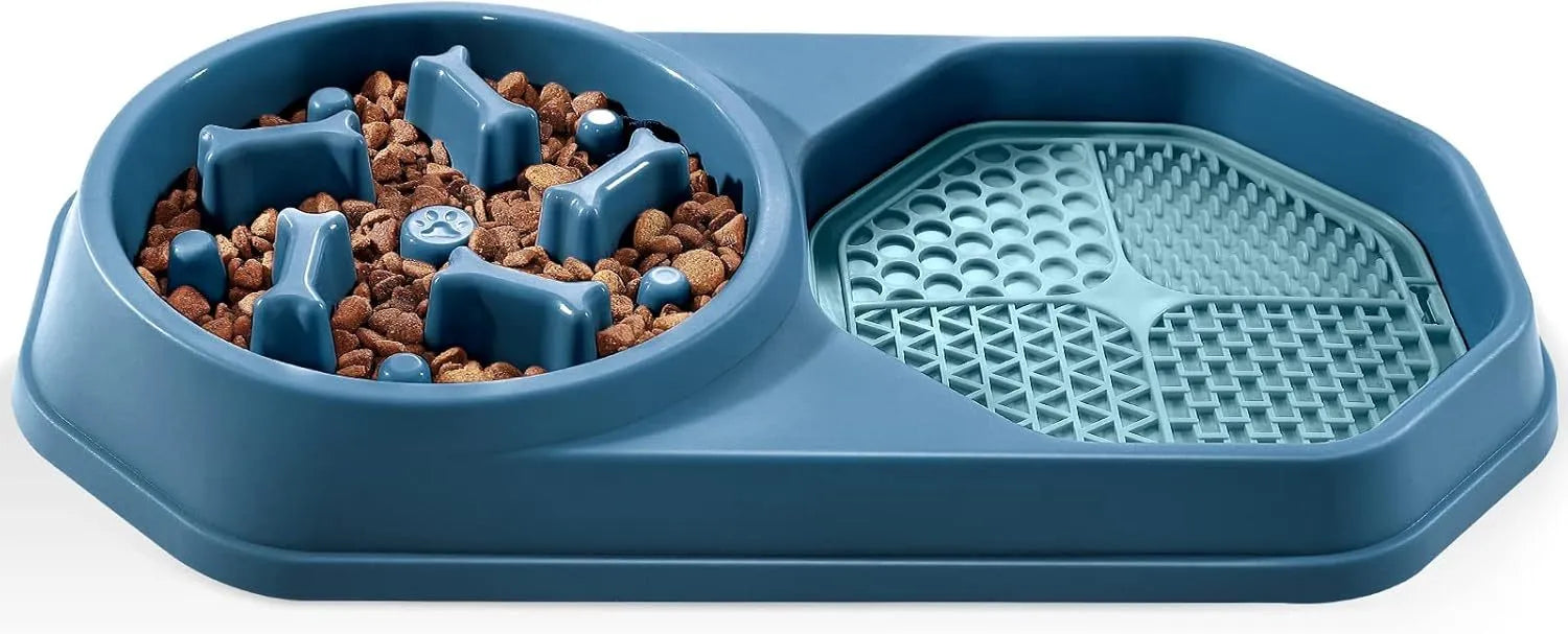 Blue slow feeder dog bowl with puzzle design, non-slip pads, and 37.2cm diameter for small to medium dogs
