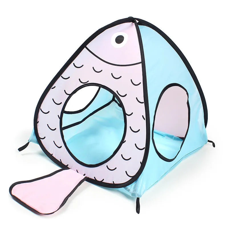 Foldable pet tent cat tunnel with collapsible design and cat-fish graphics