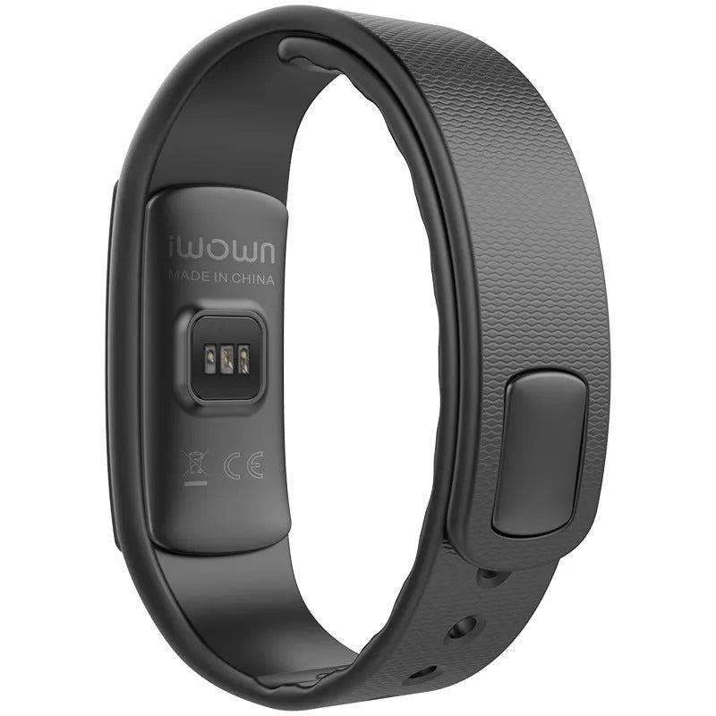 Black I6 smart sports bracelet with a 0.96-inch display on a grey background.