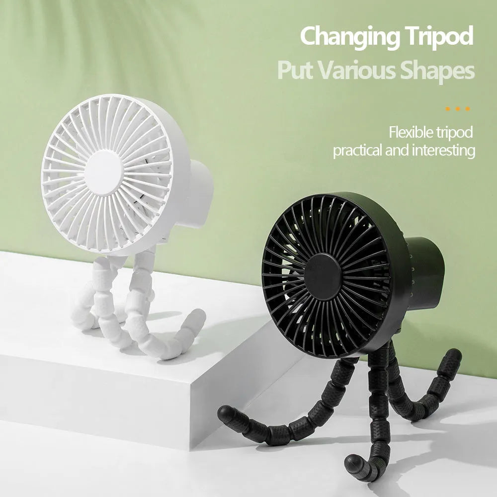 Adjustable bending head desktop fan in black, green, pink, or white with octopus-shaped tripod