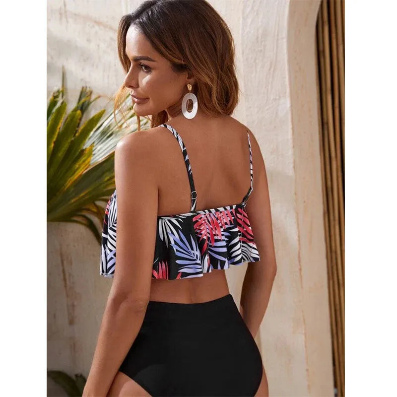 Women's high waist floral bikini swimsuit with spandex lining in white-based patterns