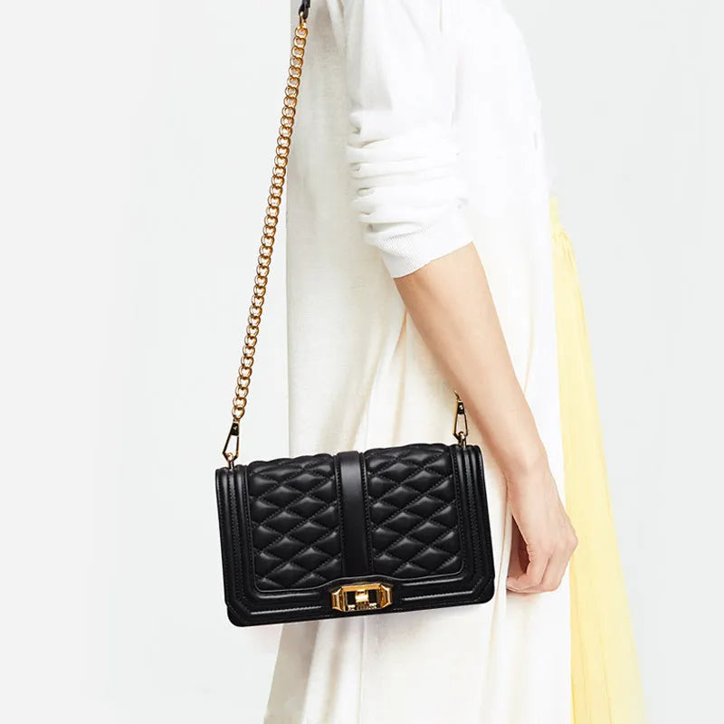 Women's rhombic chain shoulder bag in first layer cowhide with plaid pattern, cover type opening and cotton lining