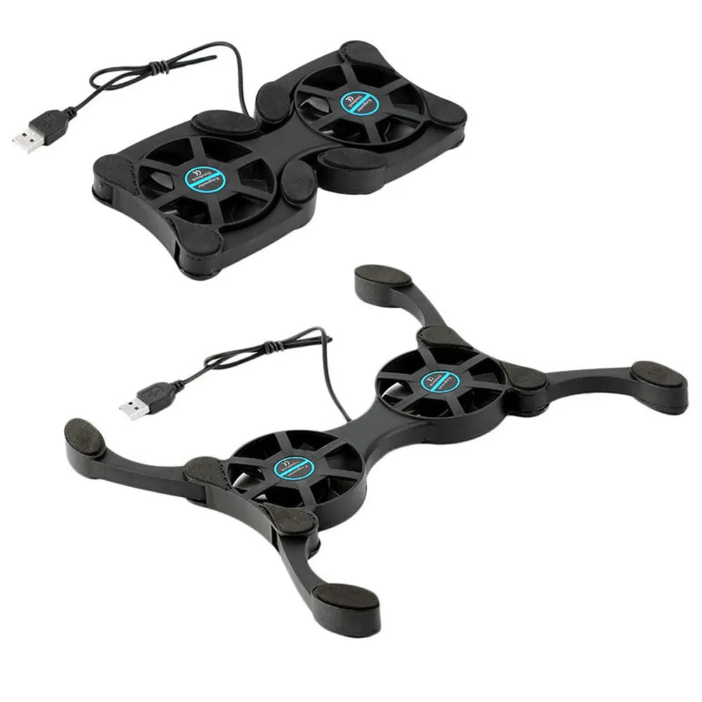 Black folding laptop cooling pad with two 70mm fans, USB powered, 32 x 14.5 x 2cm open